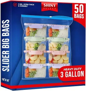 [ Pack of 50 3.5 Gallon Large Food Storage Bags with Reclosable Easy Open Close Slider Closure, 2 Mil Thick, Size 16"x18", for Food-Meal Prep, Organization & Storage