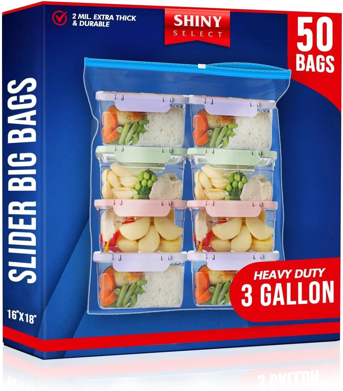 [ Pack of 50 3.5 Gallon Large Food Storage Bags with Reclosable Easy Open Close Slider Closure, 2 Mil Thick, Size 16"x18", for Food-Meal Prep, Organization & Storage