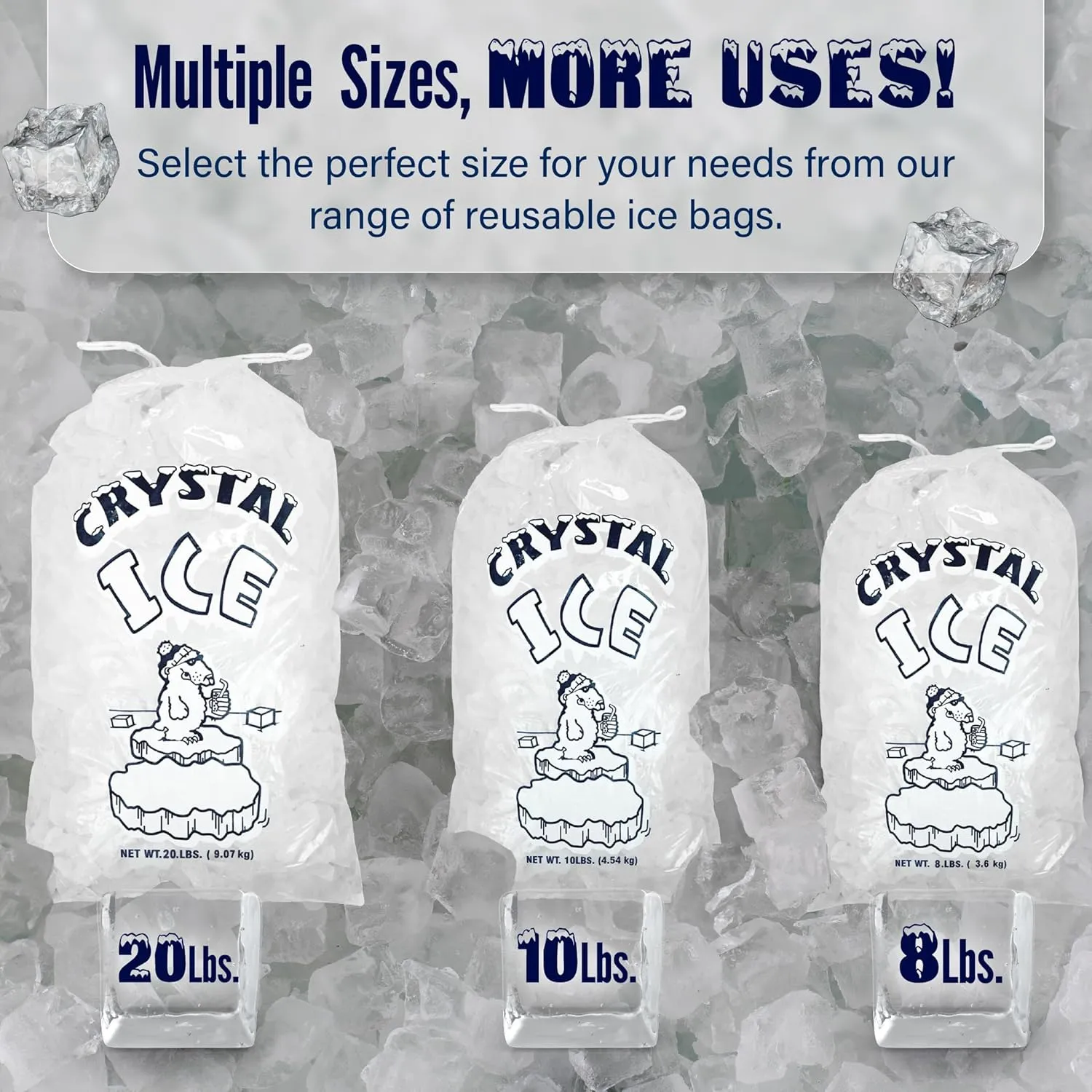 10 LB Ice Bags with Drawstring (500 Count) — Reusable Freezer Bags for Storage — Large Clear Plastic Bags