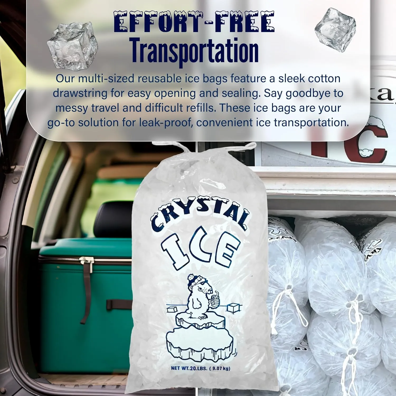 10 LB Ice Bags with Drawstring (500 Count) — Reusable Freezer Bags for Storage — Large Clear Plastic Bags