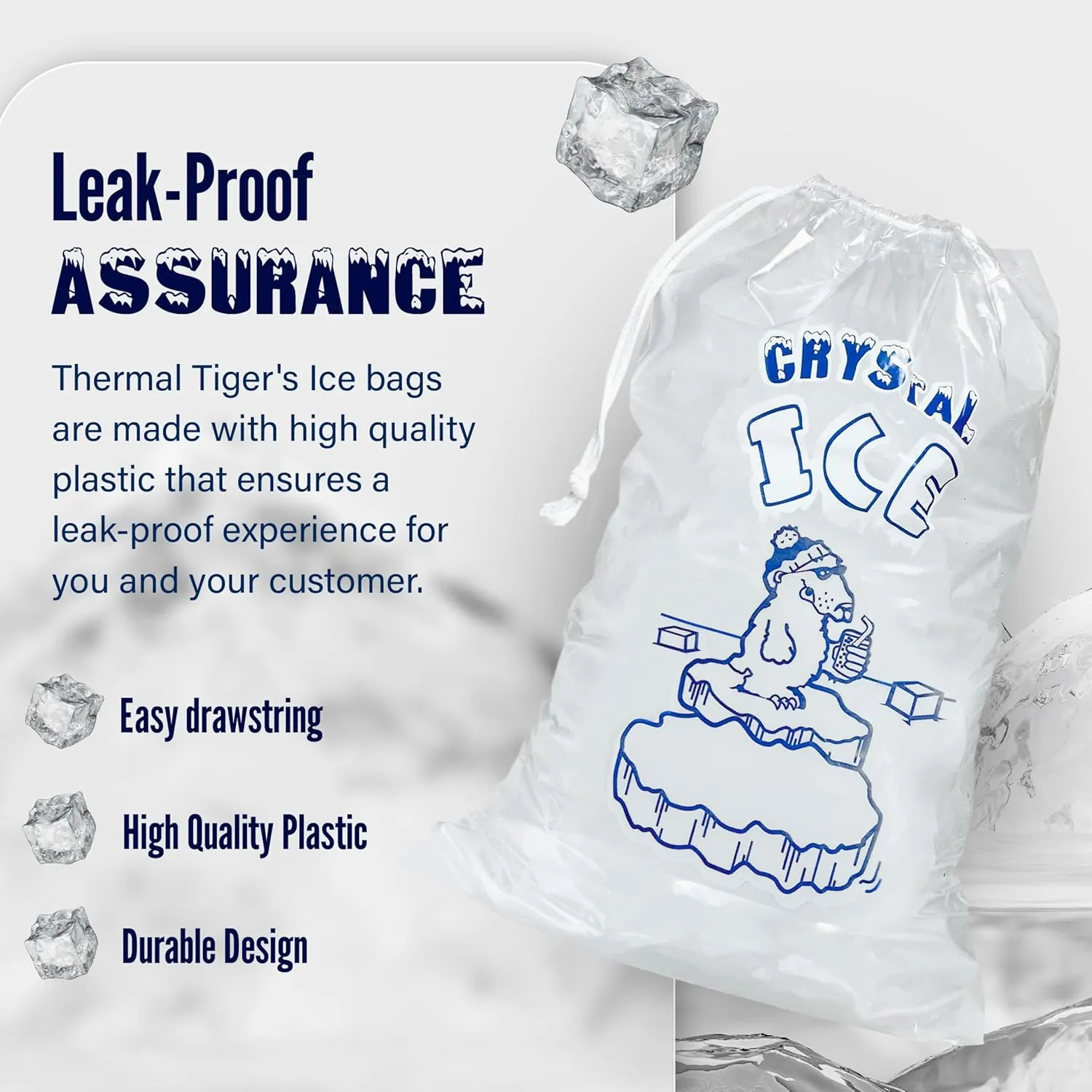 10 LB Ice Bags with Drawstring (500 Count) — Reusable Freezer Bags for Storage — Large Clear Plastic Bags