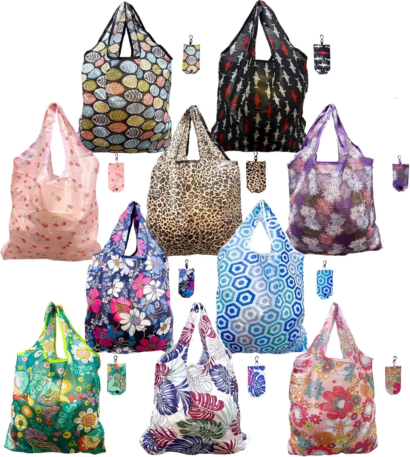 10 Pack Reusable Grocery Bags, 50LBS Foldable Reusable Grocery Nylon Shopping Bags, Machine Washable Waterproof