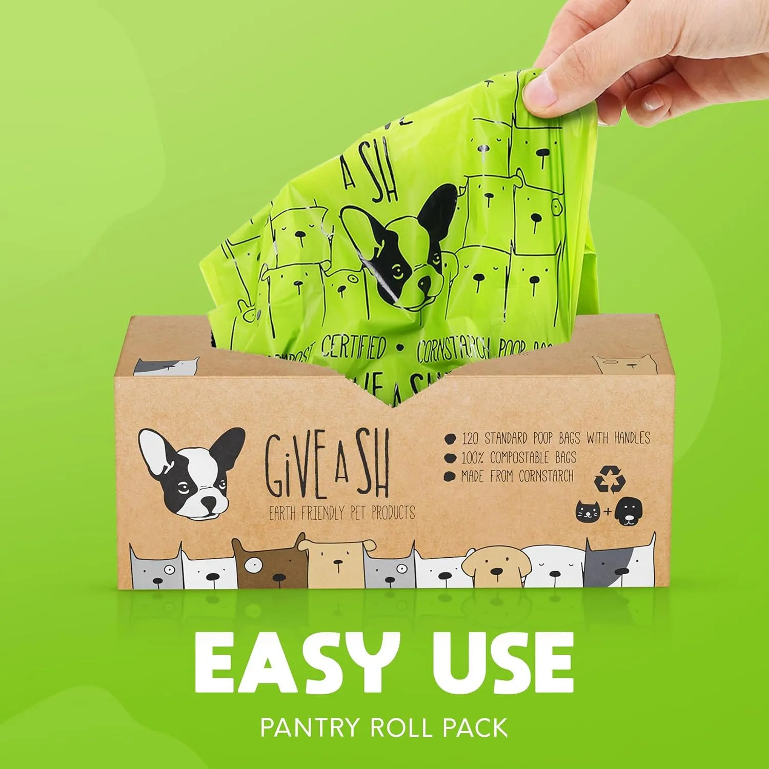 100% Certified Home Compostable Dog Poop Bags with Handles - 10% to Charity - ASTM D6400 & EN 13432 Compliant Large Poop Bags - 120 Bags - Large Pantry Roll of Plant Based Compostable Poop Bags