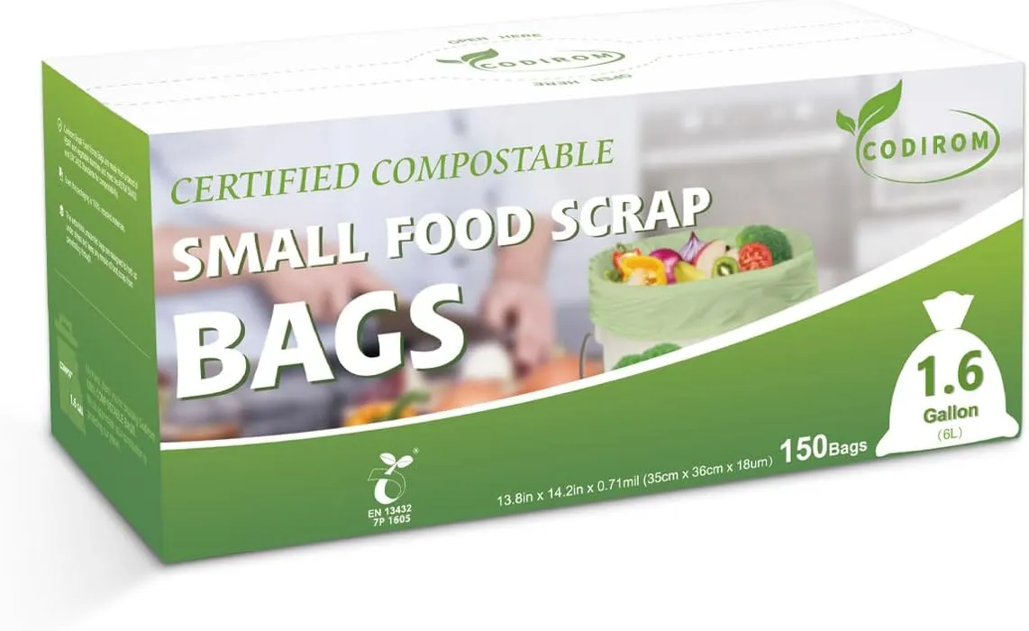 100% Compostable 1.6 Gallon Trash Bags, 6 Liter, 150 Count Kitchen Food Scrap Small Compost Bags for Countertop Bin with Europe EN13432 Certified