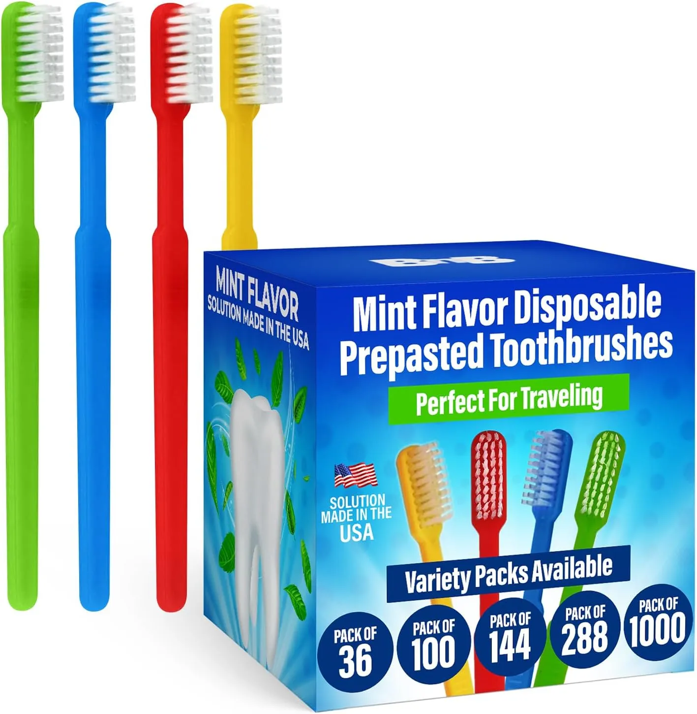 100 Pack Prepasted Disposable Toothbrushes | Pre-Pasted Soft Bristle Tooth Brush Set for Dental Care & Oral Hygiene | Individually Wrapped Pasteb Made in USA (100 Pack)