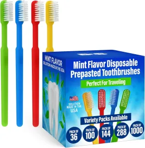 100 Pack Prepasted Disposable Toothbrushes | Pre-Pasted Soft Bristle Tooth Brush Set for Dental Care & Oral Hygiene | Individually Wrapped Pasteb Made in USA (100 Pack)