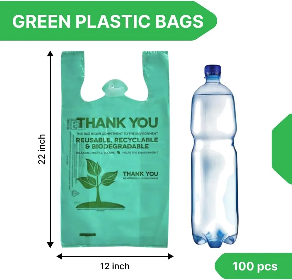 100 pcs Biodegradable Green Tshirt Plastic Bags for Small Business 22" x 12" Thank You Eco Friendly Reusable Grocery Bags with Handles for Restaurant Groceries Supermarket Supplies Retail Store