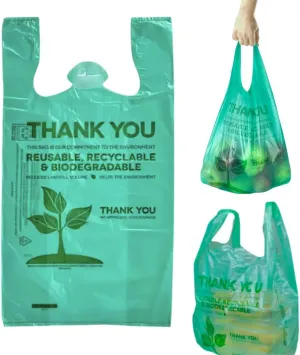 100 pcs Biodegradable Green Tshirt Plastic Bags for Small Business 22" x 12" Thank You Eco Friendly Reusable Grocery Bags with Handles for Restaurant Groceries Supermarket Supplies Retail Store