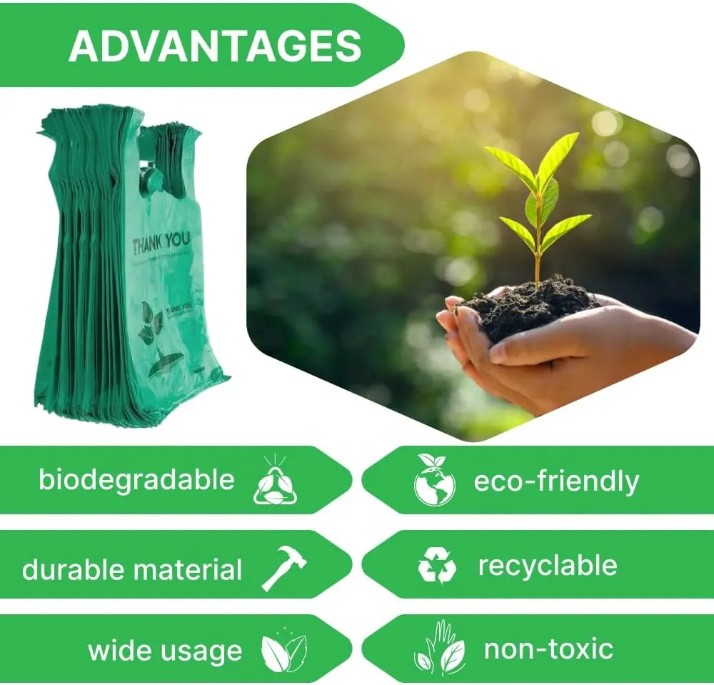 100 pcs Biodegradable Green Tshirt Plastic Bags for Small Business 22" x 12" Thank You Eco Friendly Reusable Grocery Bags with Handles for Restaurant Groceries Supermarket Supplies Retail Store