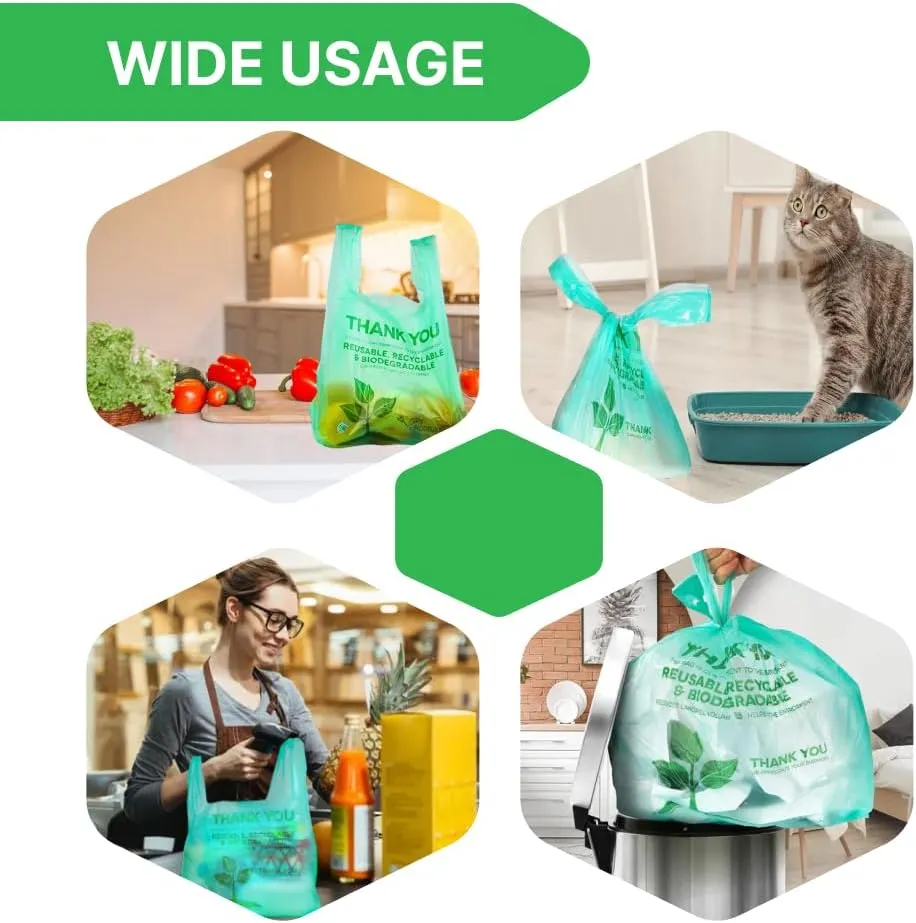 100 pcs Biodegradable Green Tshirt Plastic Bags for Small Business 22" x 12" Thank You Eco Friendly Reusable Grocery Bags with Handles for Restaurant Groceries Supermarket Supplies Retail Store