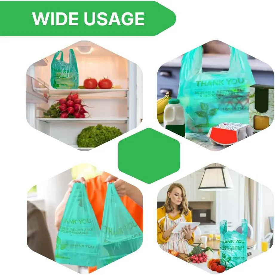 100 pcs Biodegradable Green Tshirt Plastic Bags for Small Business 22" x 12" Thank You Eco Friendly Reusable Grocery Bags with Handles for Restaurant Groceries Supermarket Supplies Retail Store