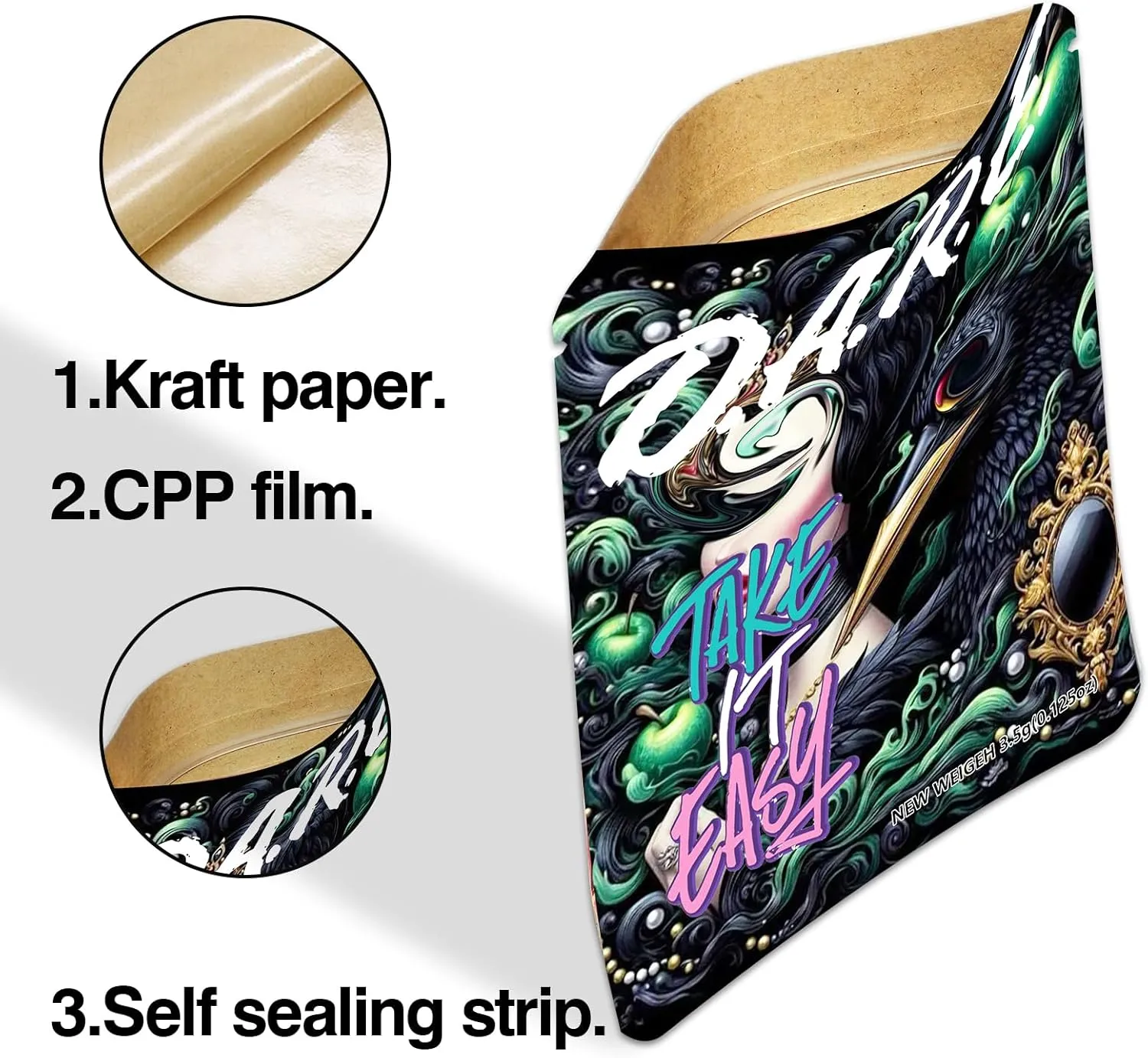 100 Pcs Kraft Paper Creative Design Colored Printing Self Sealing Bags 5.3 * 3.5 inches, Candy, Biscuit, Party, Retail, Small Business Craft
