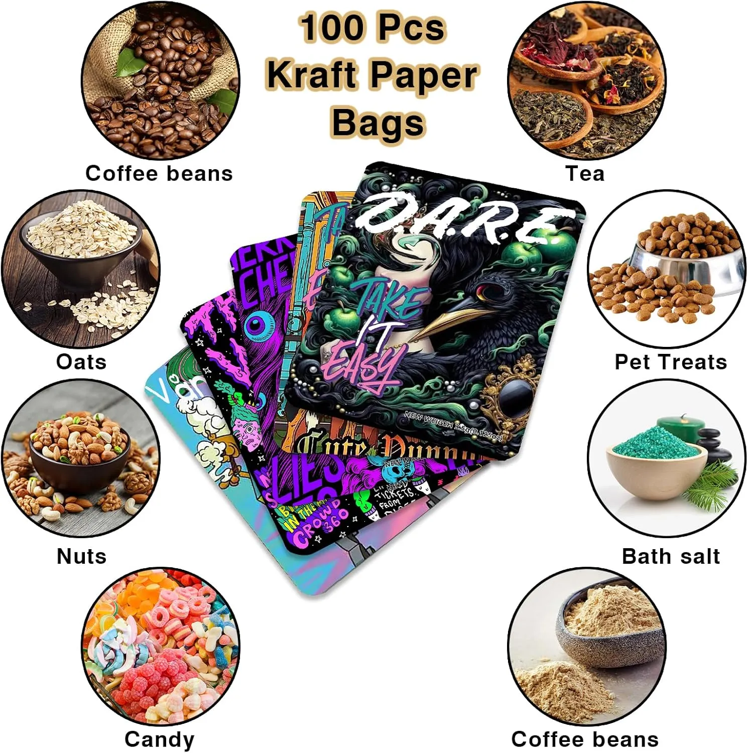 100 Pcs Kraft Paper Creative Design Colored Printing Self Sealing Bags 5.3 * 3.5 inches, Candy, Biscuit, Party, Retail, Small Business Craft