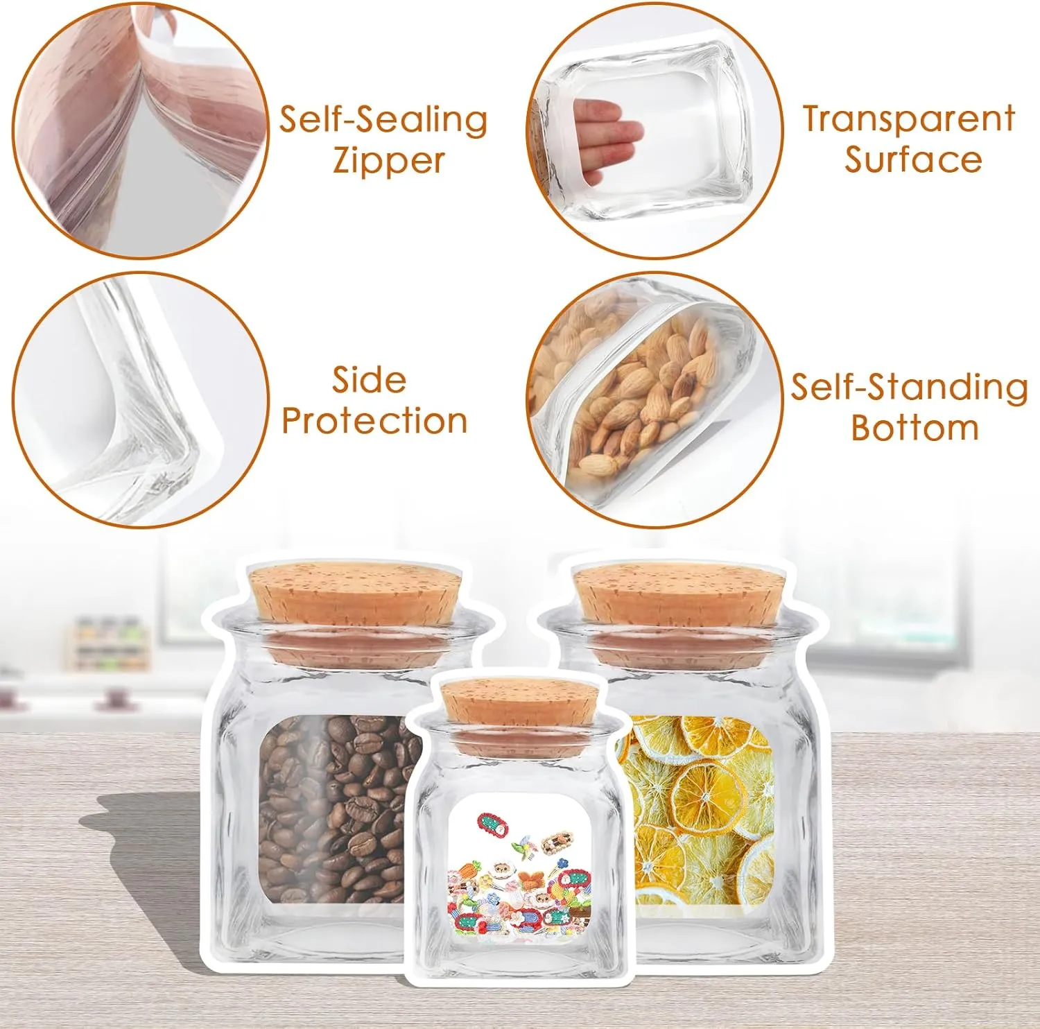 100 pcs Reusable Jar Bags,Small Mason Jar Zipper Sealed Food Storage Bag,4.3"X 6.2" Airtight Seal Ziplock Bags for Kids Cookies Nut Candy Snack Travel Camping Picnic