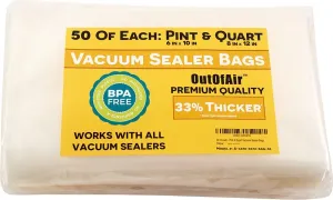 100 Vacuum Sealer Bags: 50 Pint (6" x 10") and 50 Quart (8" x 12") OutOfAir Vacuum Sealer Bags Works with FoodSaver & Other Savers. 33% Thicker, BPA Free, Great for Sous Vide