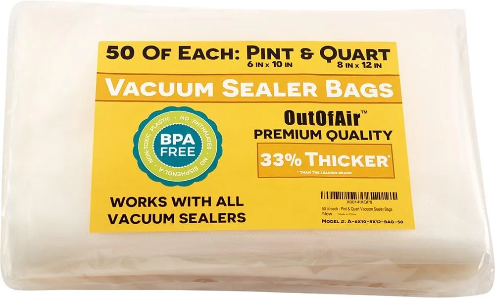 100 Vacuum Sealer Bags: 50 Pint (6" x 10") and 50 Quart (8" x 12") OutOfAir Vacuum Sealer Bags Works with FoodSaver & Other Savers. 33% Thicker, BPA Free, Great for Sous Vide