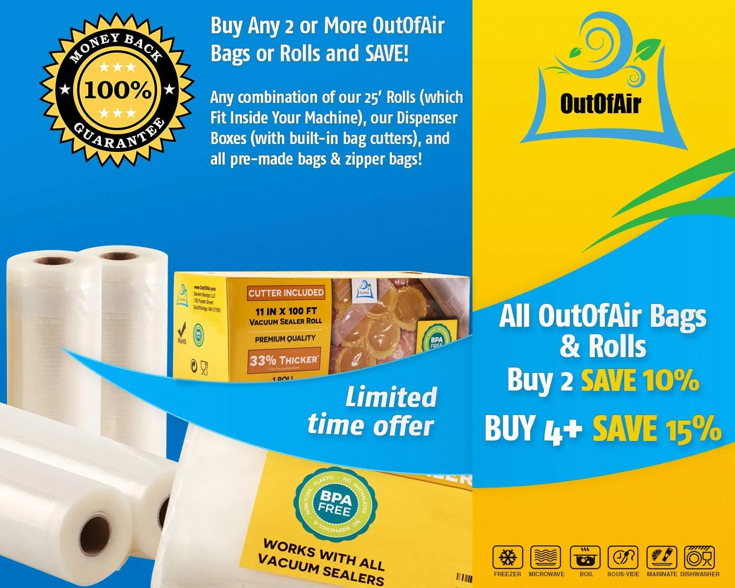 100 Vacuum Sealer Bags: Gallon Size (11" x 16") by OutOfAir Works With FoodSaver & Other Machines - 33% Thicker BPA Free, Commercial Grade, 11 x 16 inches