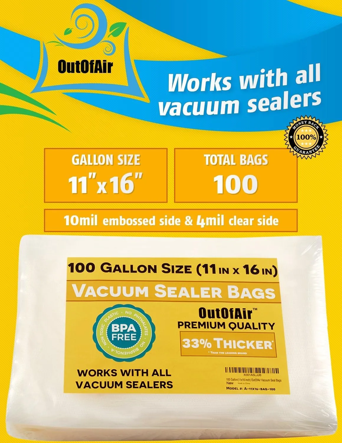 100 Vacuum Sealer Bags: Gallon Size (11" x 16") by OutOfAir Works With FoodSaver & Other Machines - 33% Thicker BPA Free, Commercial Grade, 11 x 16 inches