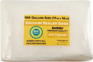 100 Vacuum Sealer Bags: Gallon Size (11" x 16") by OutOfAir Works With FoodSaver & Other Machines - 33% Thicker BPA Free, Commercial Grade, 11 x 16 inches