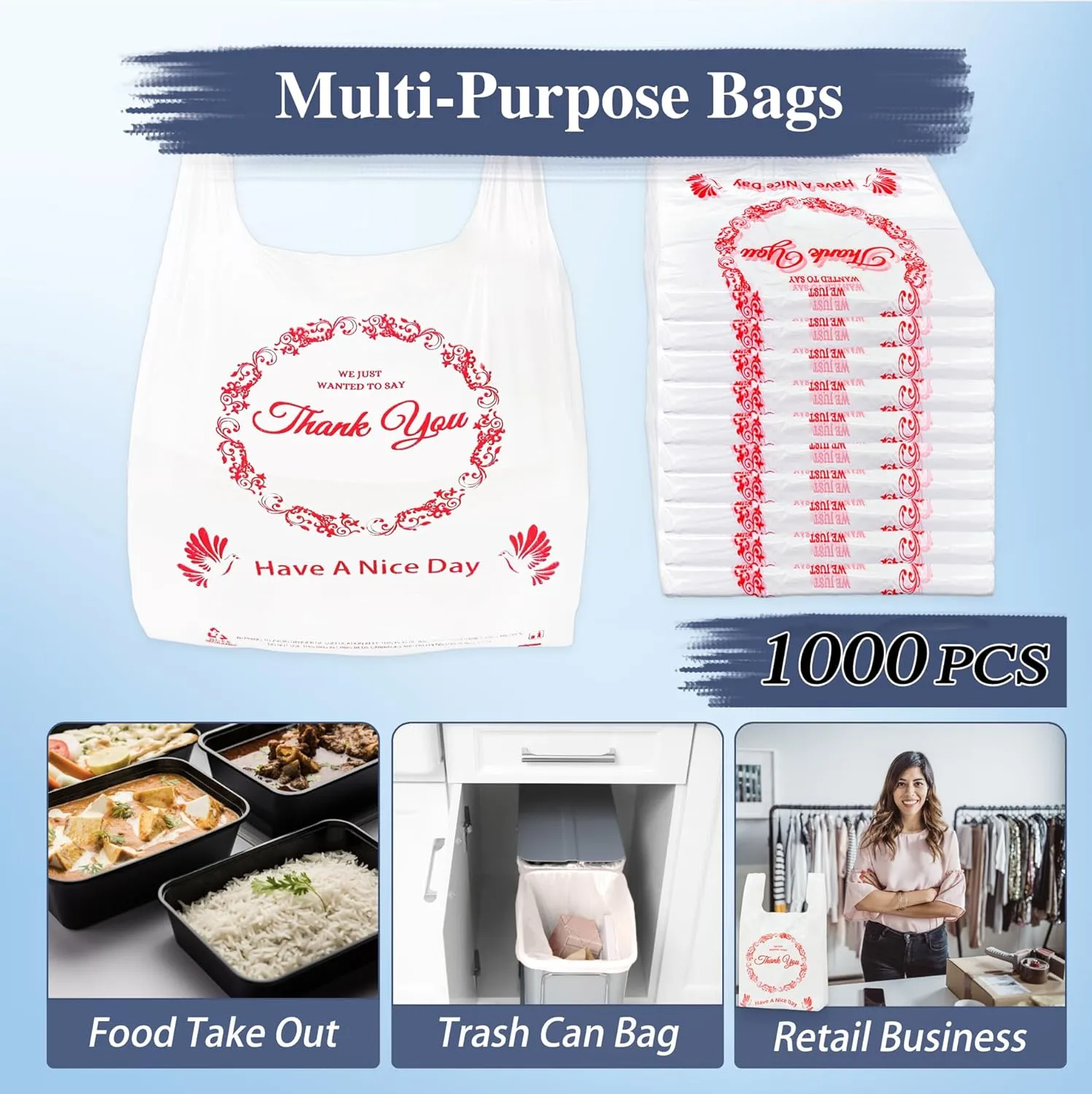 1000PACK Thank you bags, T shirt bags, White Plastic Bags with Handles, Grocery shopping bag Reusable and Disposable Supermarket Bag 11''x6''x21'', Large