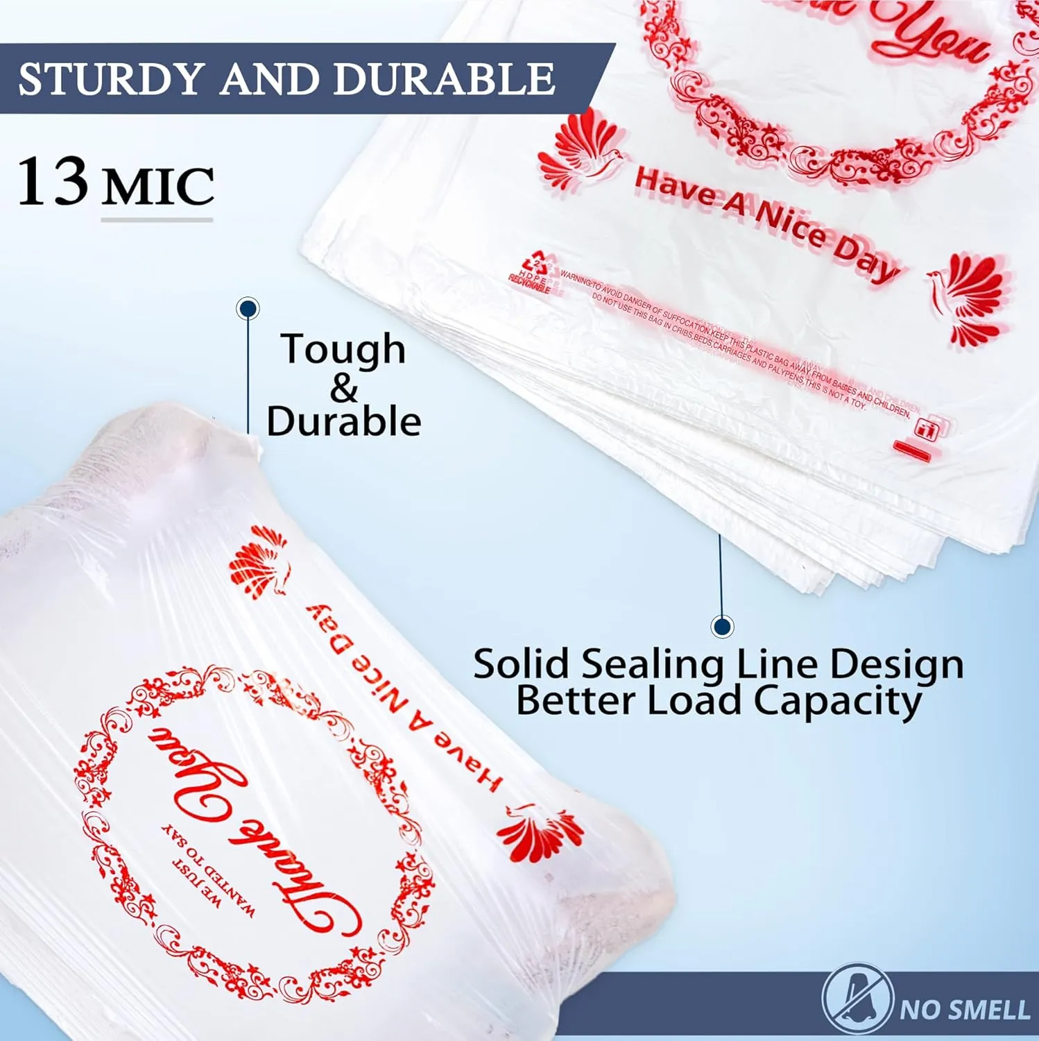1000PACK Thank you bags, T shirt bags, White Plastic Bags with Handles, Grocery shopping bag Reusable and Disposable Supermarket Bag 11''x6''x21'', Large