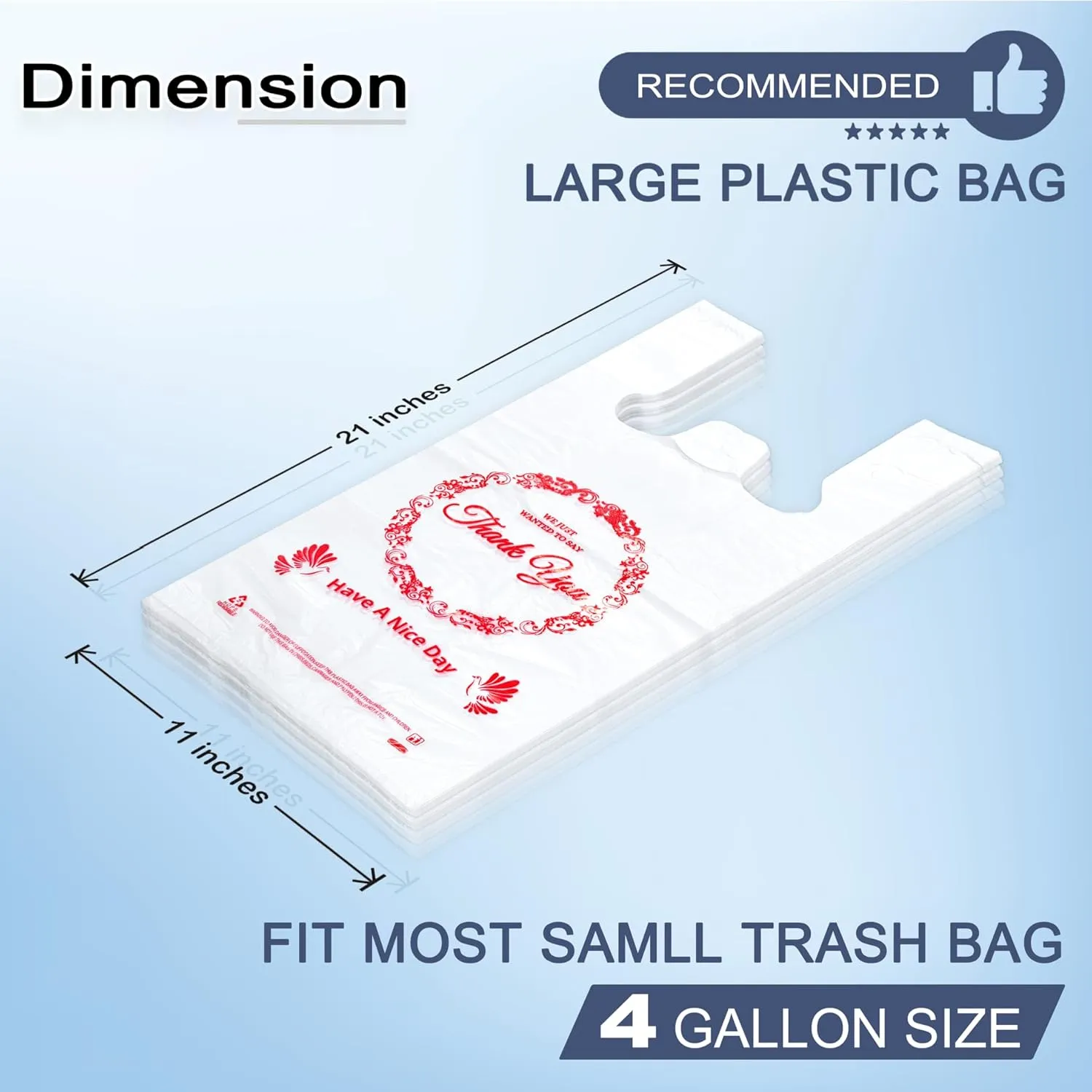 1000PACK Thank you bags, T shirt bags, White Plastic Bags with Handles, Grocery shopping bag Reusable and Disposable Supermarket Bag 11''x6''x21'', Large