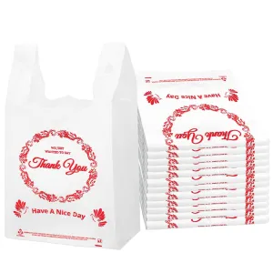 1000PACK Thank you bags, T shirt bags, White Plastic Bags with Handles, Grocery shopping bag Reusable and Disposable Supermarket Bag 11''x6''x21'', Large