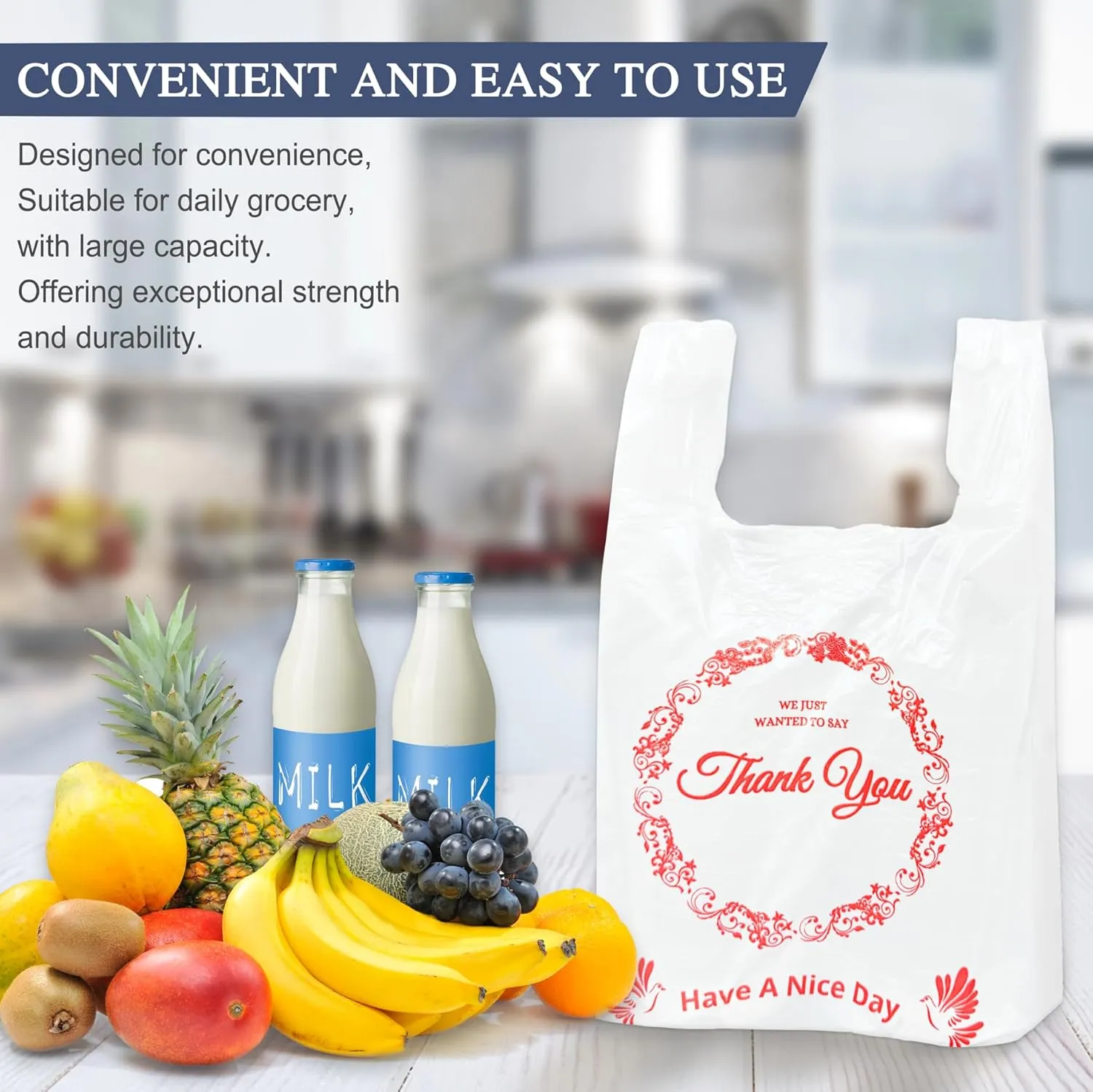 1000PACK Thank you bags, T shirt bags, White Plastic Bags with Handles, Grocery shopping bag Reusable and Disposable Supermarket Bag 11''x6''x21'', Large