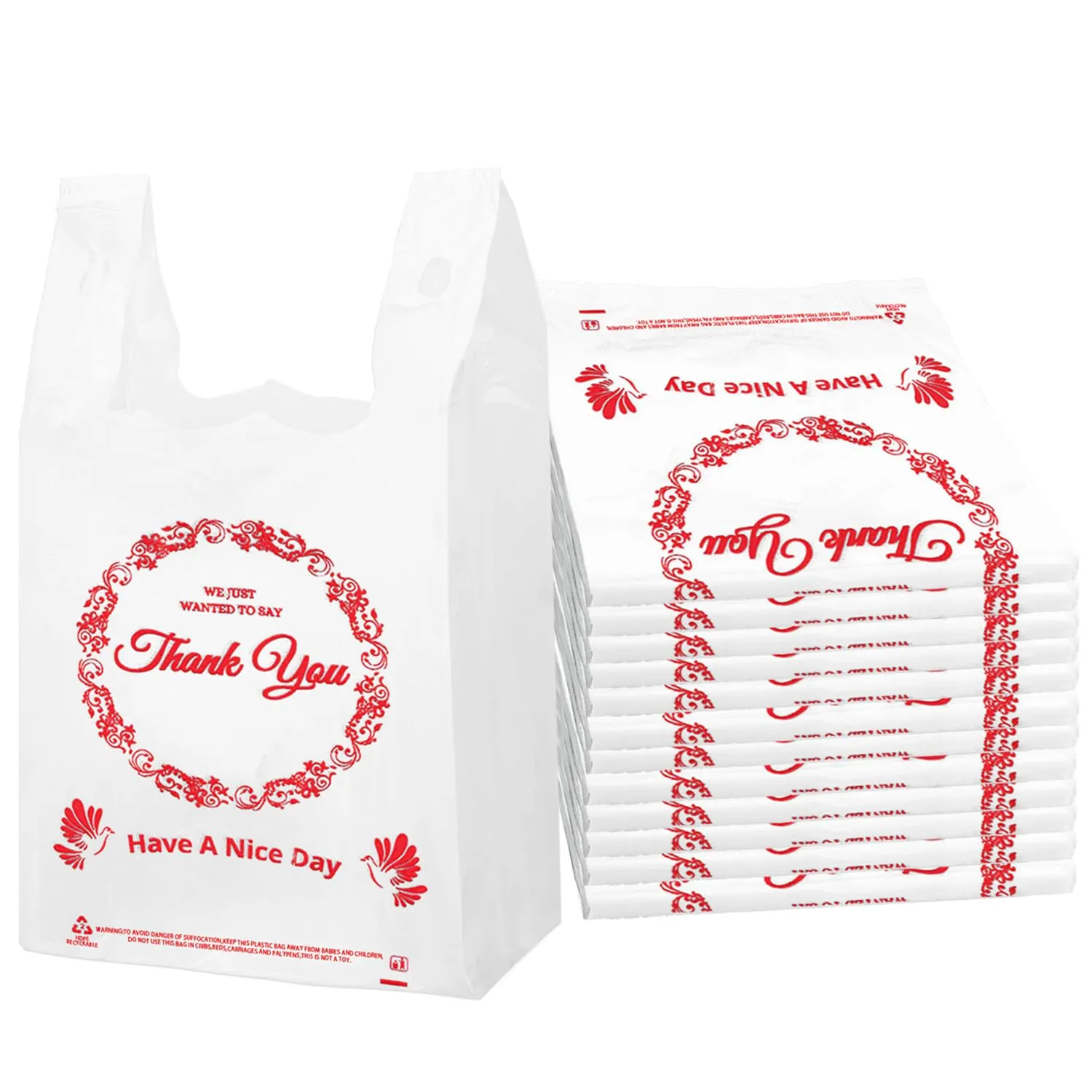 1000PACK Thank you bags, T shirt bags, White Plastic Bags with Handles, Grocery shopping bag Reusable and Disposable Supermarket Bag 11''x6''x21'', Large