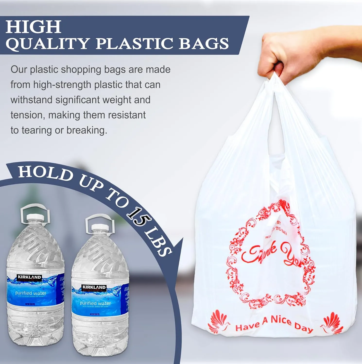 1000PACK Thank you bags, T shirt bags, White Plastic Bags with Handles, Grocery shopping bag Reusable and Disposable Supermarket Bag 11''x6''x21'', Large