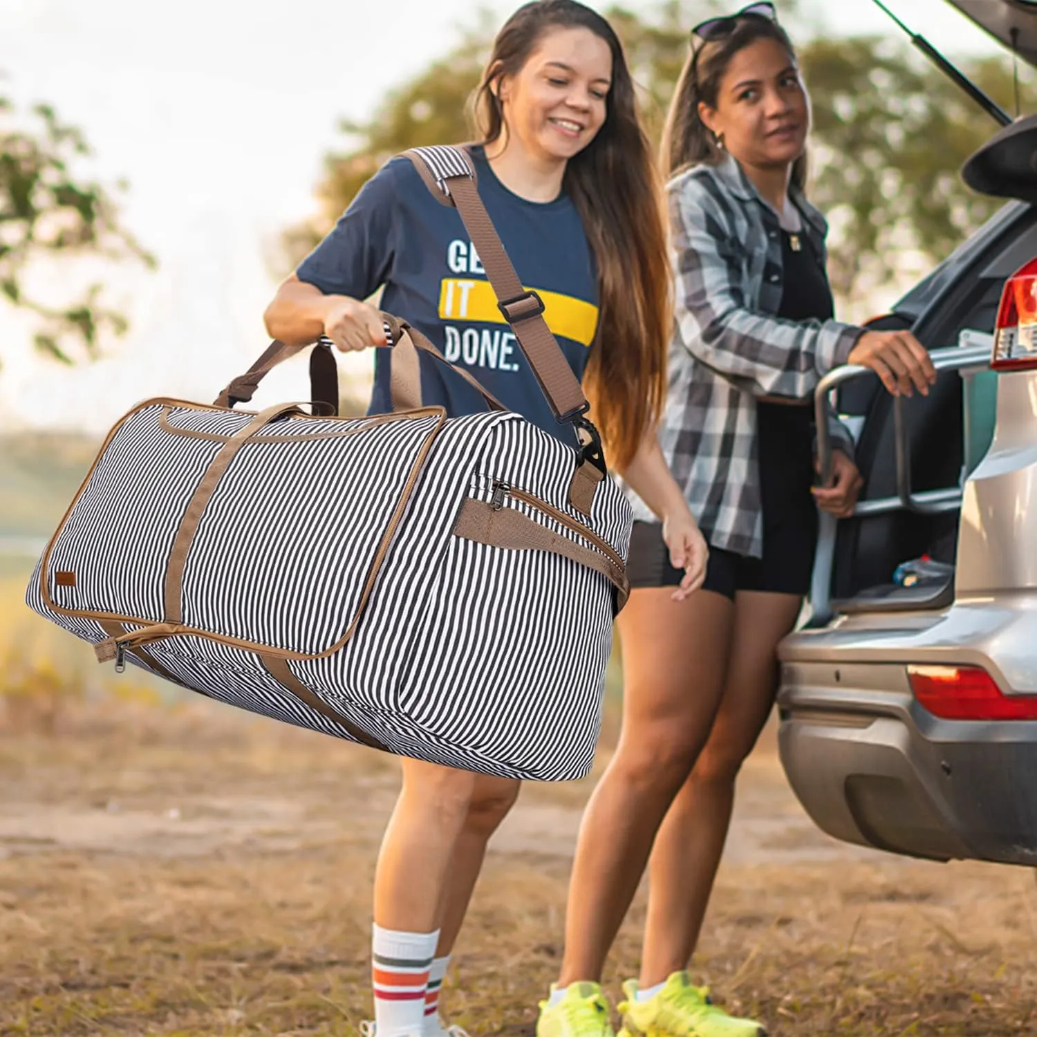 100L Duffle Bag for Travel, Large Foldable Waterproof Travel Duffel Bags Weekender Overnight Bag for Men and Women with Shoe Compartment (Stripe)