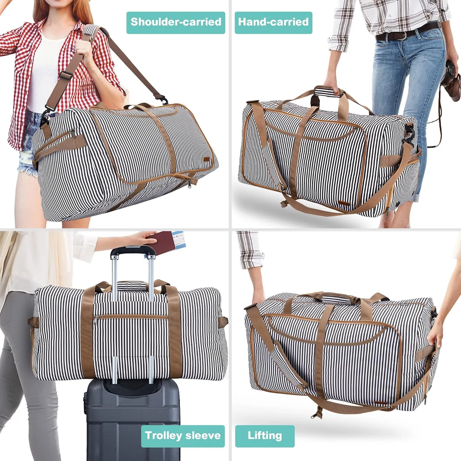 100L Duffle Bag for Travel, Large Foldable Waterproof Travel Duffel Bags Weekender Overnight Bag for Men and Women with Shoe Compartment (Stripe)