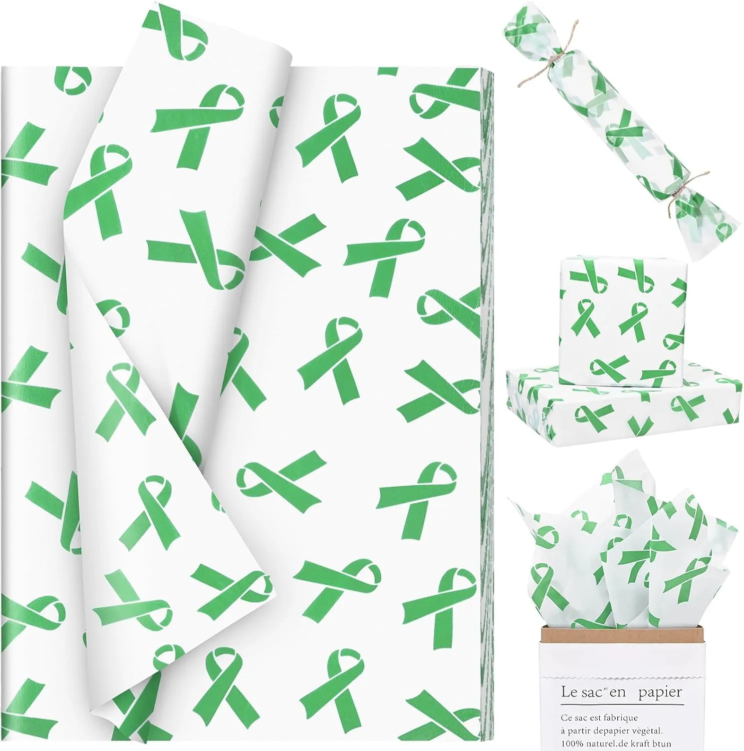 100Pcs Mental Heath Awareness Gift Wrapping Tissue Paper Green Ribbon Awareness Tissue Paper for Gift Bags for Fundraiser Event Mental Health Party DIY Supplies