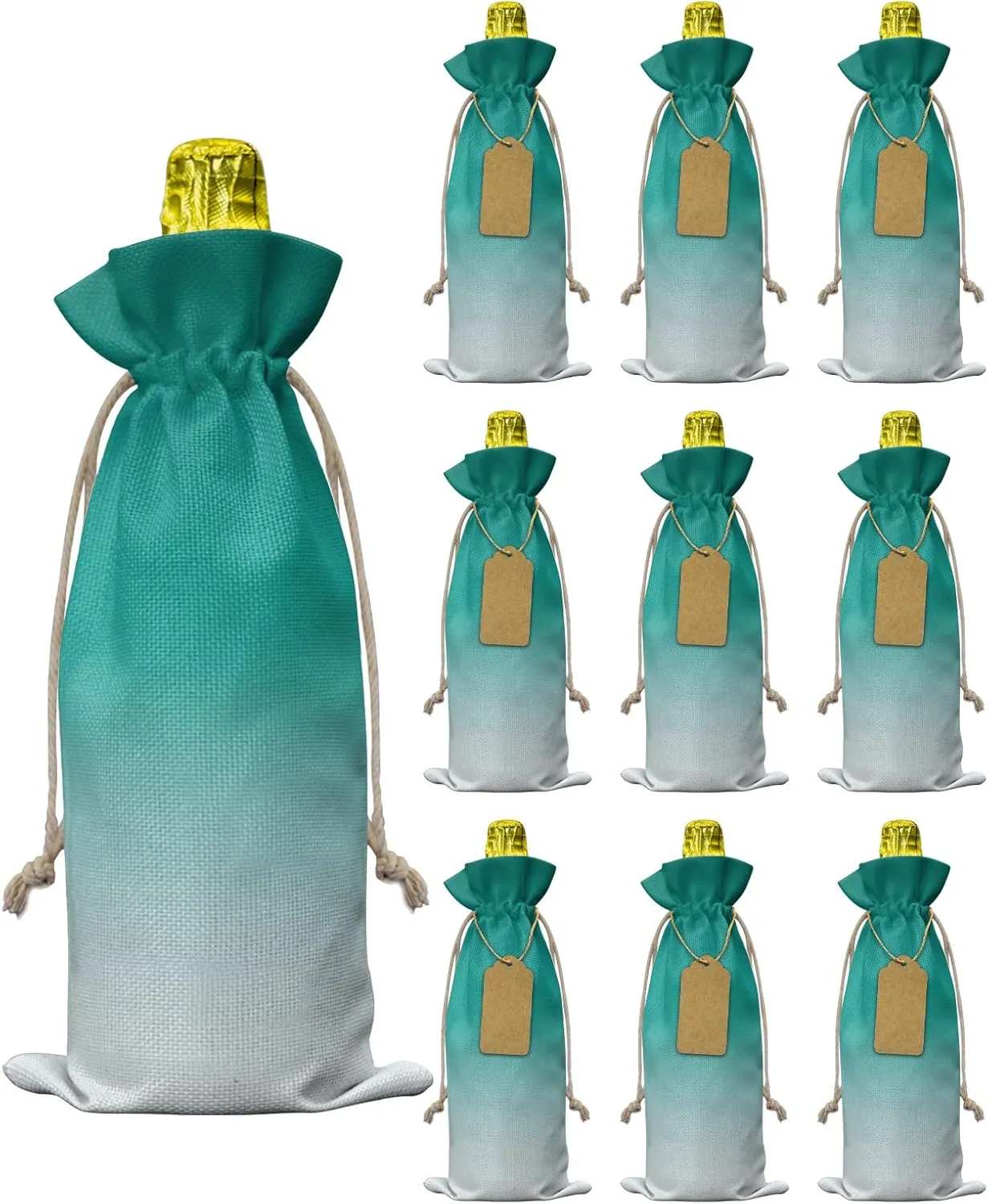 10pcs Burlap Wine Bags Gradient Gradual Color Reusable Wine Bottle Covers Green Ombre Bottle Gift Bag with Drawstring for Wedding, Birthday, Holiday Party, Housewarming