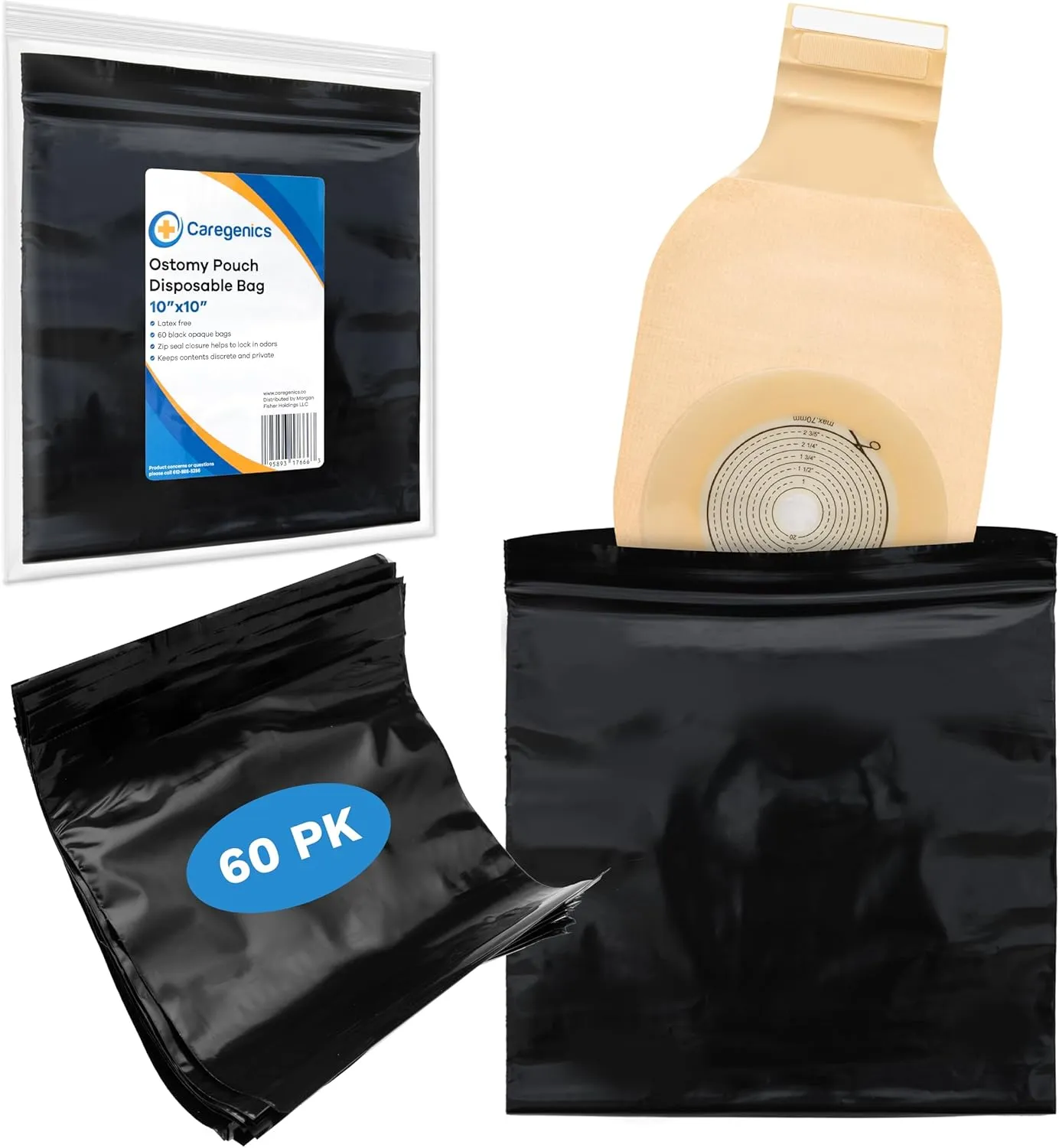 10x10 Ostomy Pouch Disposable Bags, Big Enough for Diapers/Incontinence Products. Mess Free - 60 Count