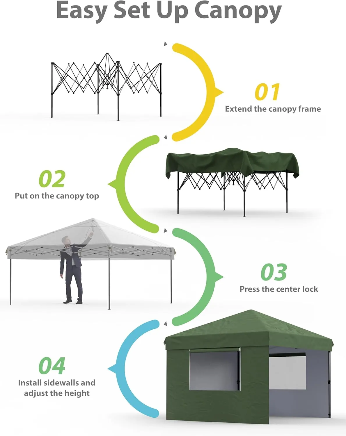 10x10 Pop Up Canopy with Removable 3 Sidewalls - Easy Up Camping Tent with One Button Push Setup - 1 Roller Bag, 3 Adjustable Height, 4 Weight Bags for Deck, Garden, Sports, Beach, Party - Green