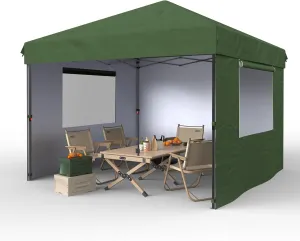 10x10 Pop Up Canopy with Removable 3 Sidewalls - Easy Up Camping Tent with One Button Push Setup - 1 Roller Bag, 3 Adjustable Height, 4 Weight Bags for Deck, Garden, Sports, Beach, Party - Green