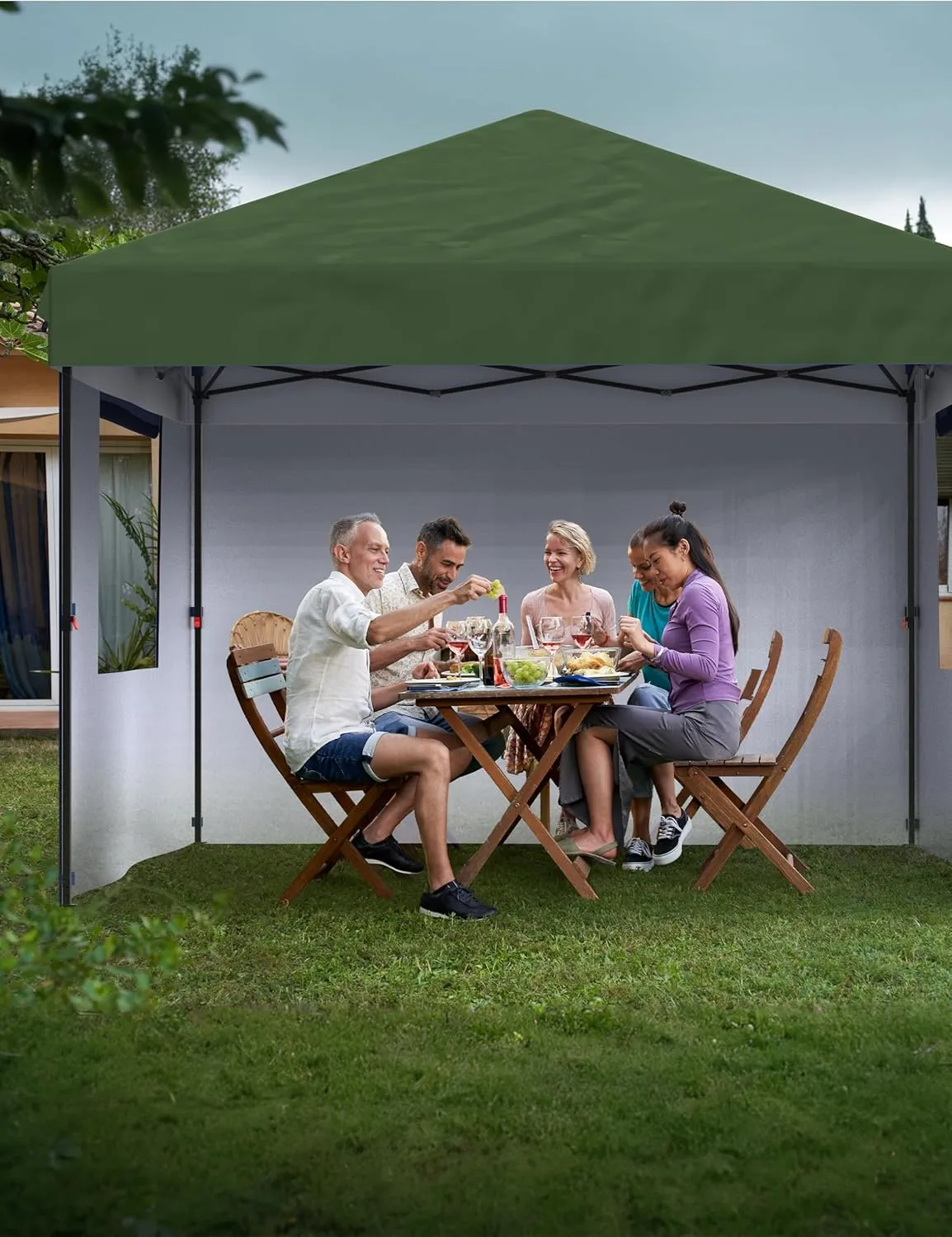 10x10 Pop Up Canopy with Removable 3 Sidewalls - Easy Up Camping Tent with One Button Push Setup - 1 Roller Bag, 3 Adjustable Height, 4 Weight Bags for Deck, Garden, Sports, Beach, Party - Green