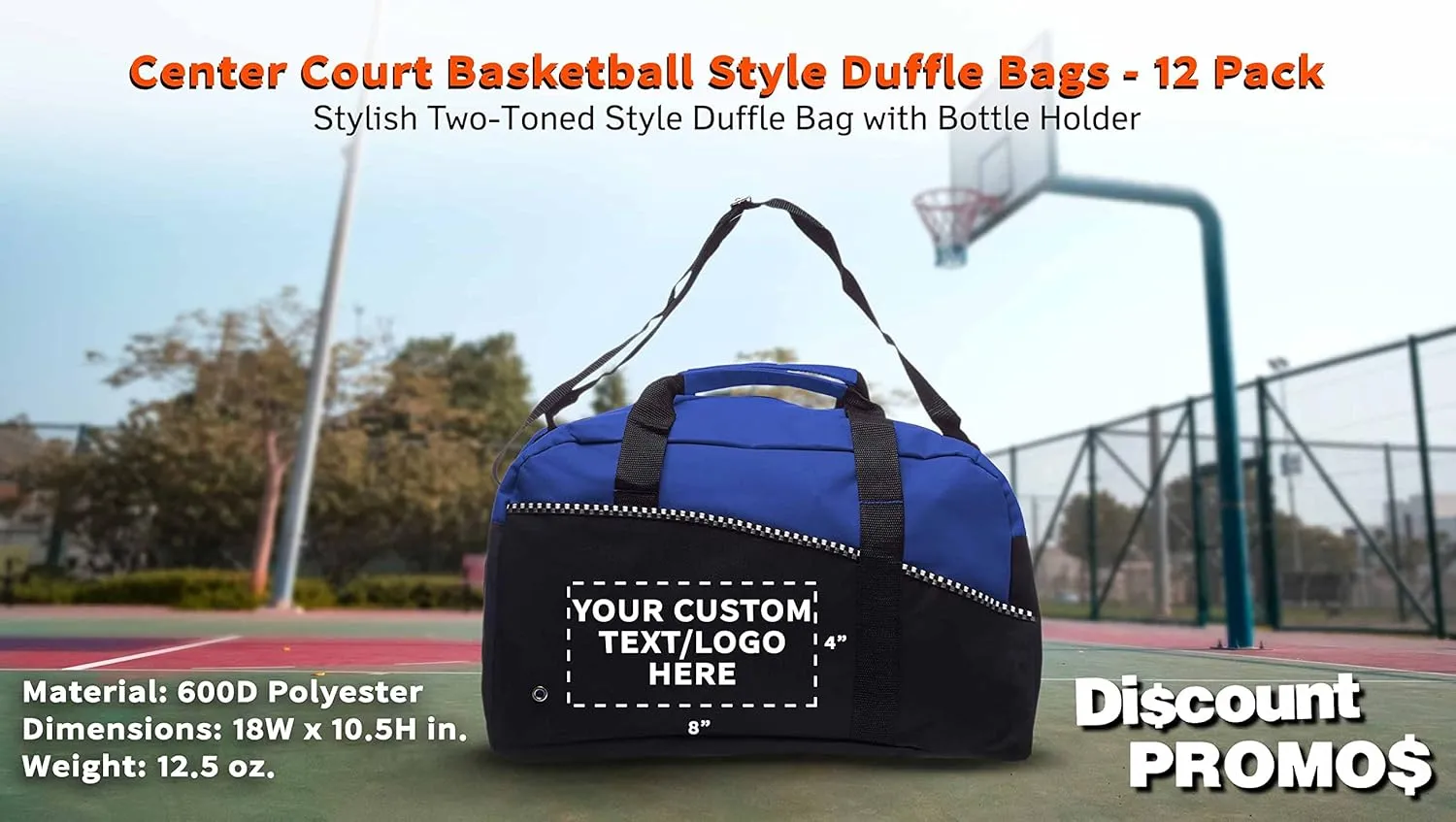 12 Center Court Duffel Bags Set - Customizable Text, Logo - Polyester, Zippered, Front Pocket, Adjustable Strap - Blue