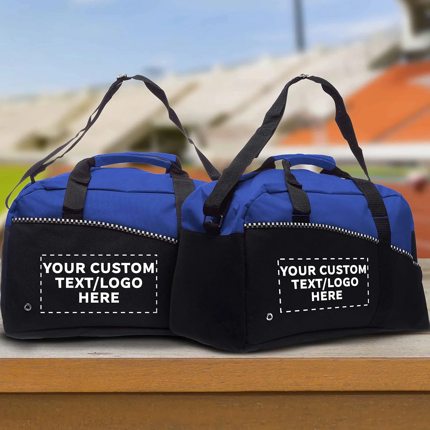 12 Center Court Duffel Bags Set - Customizable Text, Logo - Polyester, Zippered, Front Pocket, Adjustable Strap - Blue