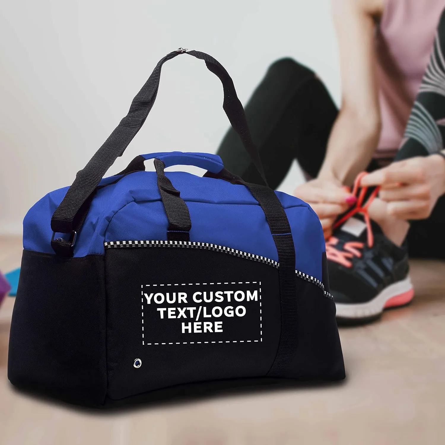12 Center Court Duffel Bags Set - Customizable Text, Logo - Polyester, Zippered, Front Pocket, Adjustable Strap - Blue