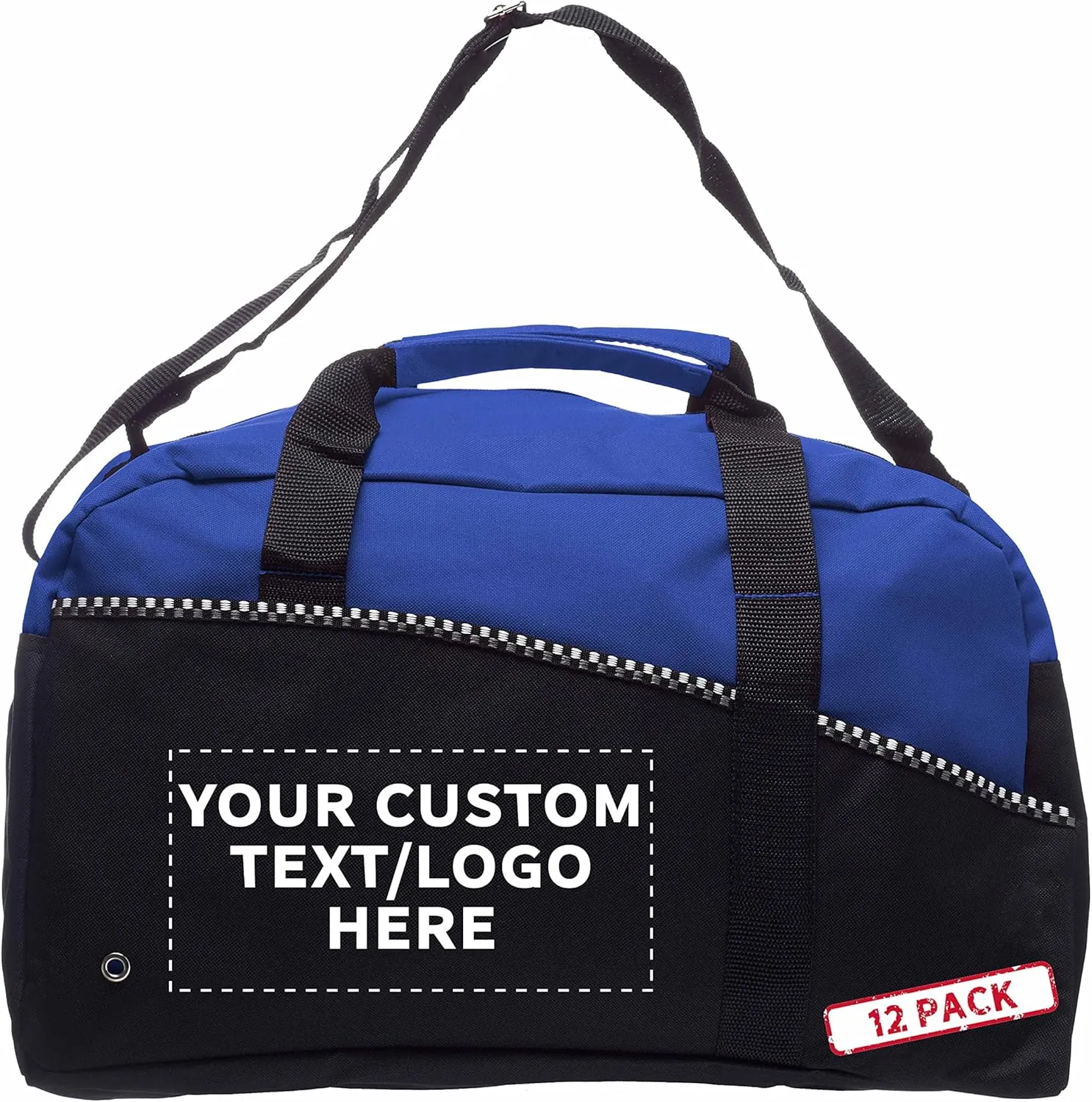 12 Center Court Duffel Bags Set - Customizable Text, Logo - Polyester, Zippered, Front Pocket, Adjustable Strap - Blue