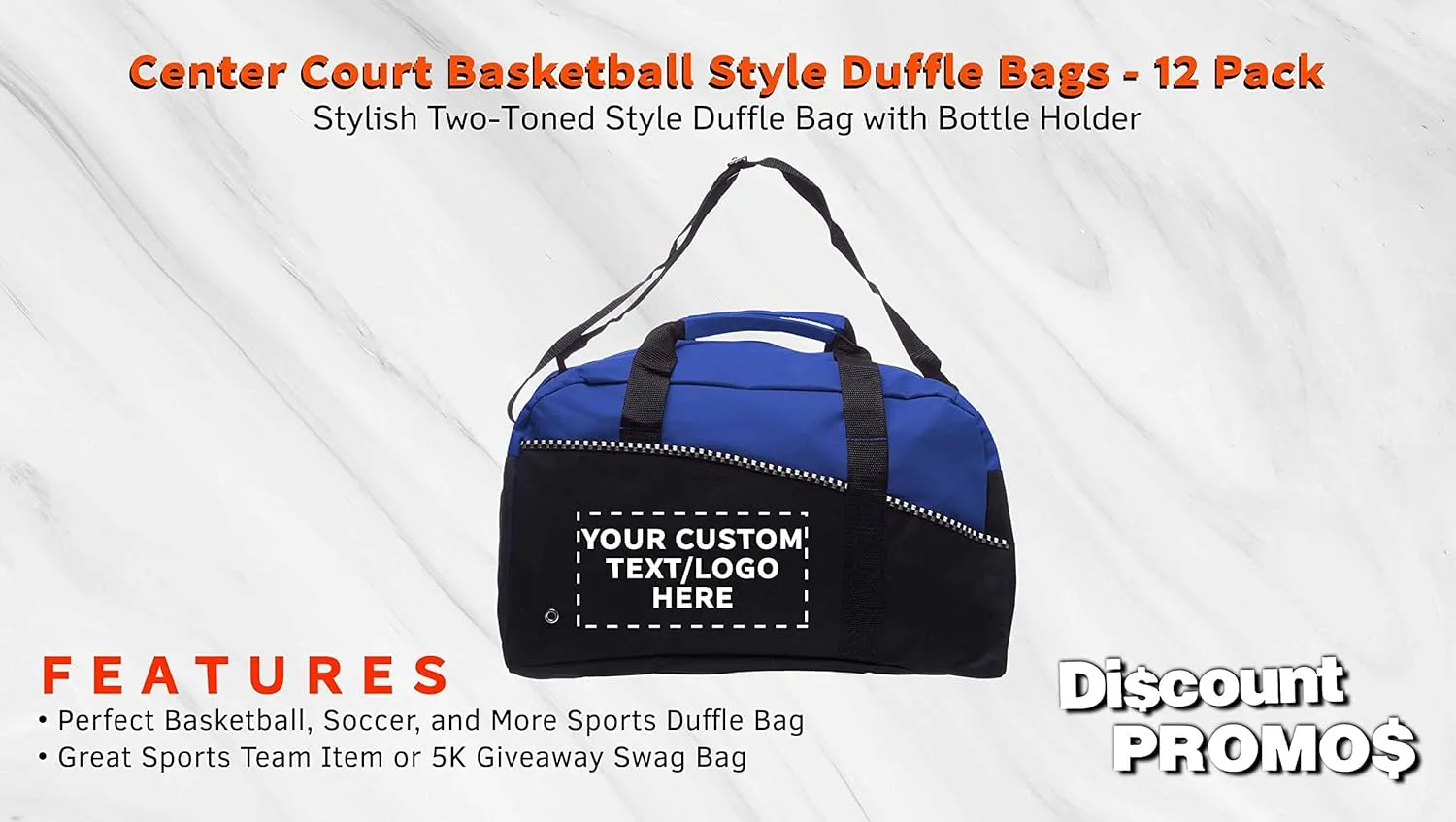 12 Center Court Duffel Bags Set - Customizable Text, Logo - Polyester, Zippered, Front Pocket, Adjustable Strap - Blue
