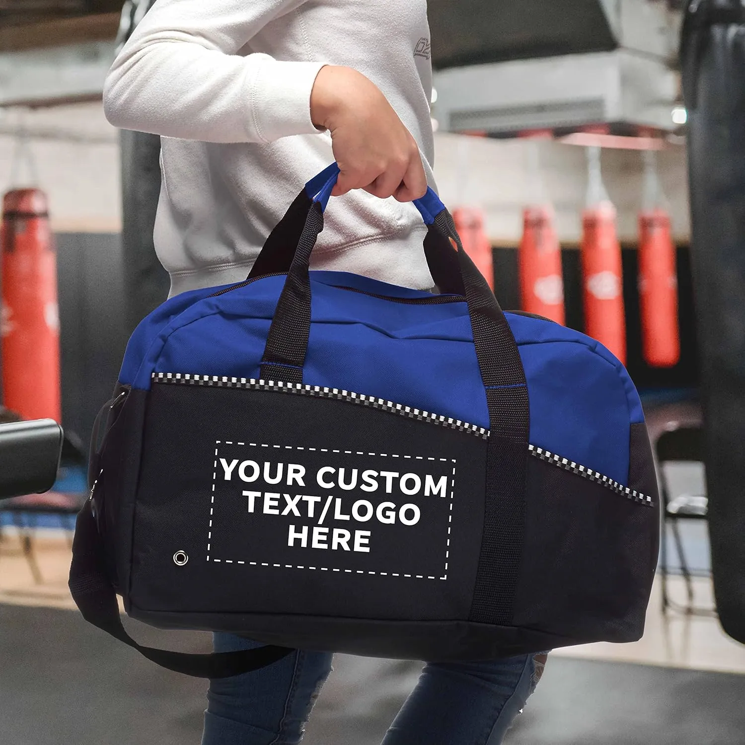 12 Center Court Duffel Bags Set - Customizable Text, Logo - Polyester, Zippered, Front Pocket, Adjustable Strap - Blue