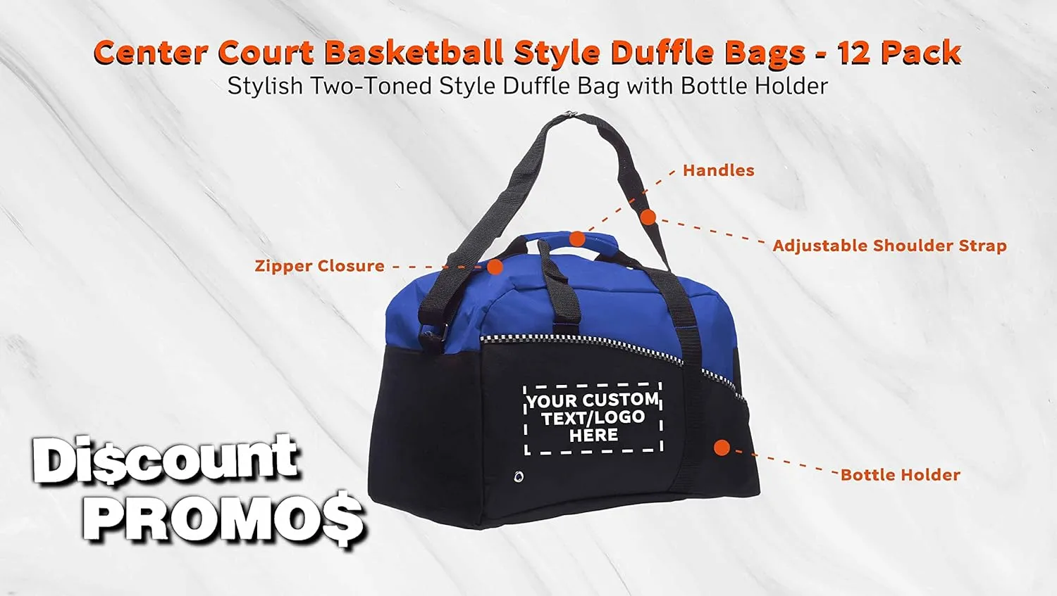 12 Center Court Duffel Bags Set - Customizable Text, Logo - Polyester, Zippered, Front Pocket, Adjustable Strap - Blue