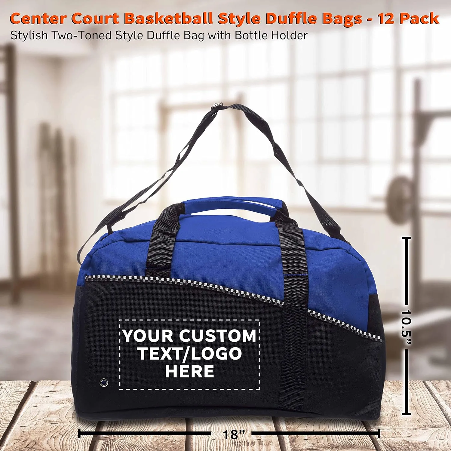 12 Center Court Duffel Bags Set - Customizable Text, Logo - Polyester, Zippered, Front Pocket, Adjustable Strap - Blue
