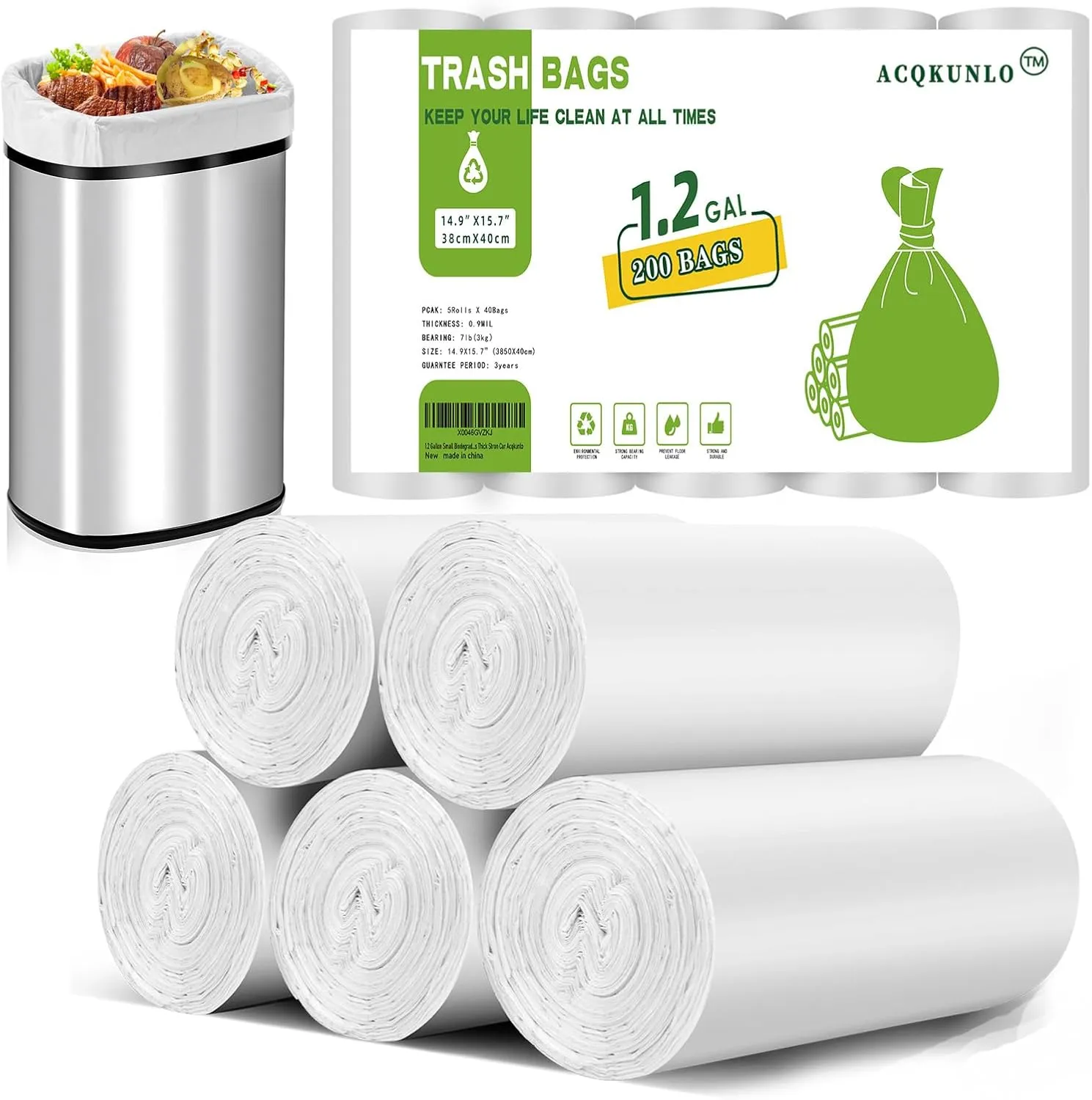 1.2 Gallon Small Biodegradable Trash-Bag Mini-Garbage-Bags - White Compostable 200 Count Unscented Little Kitchen 5l Can For Wastebasket Liners Thick Stron Car Acqkunlo