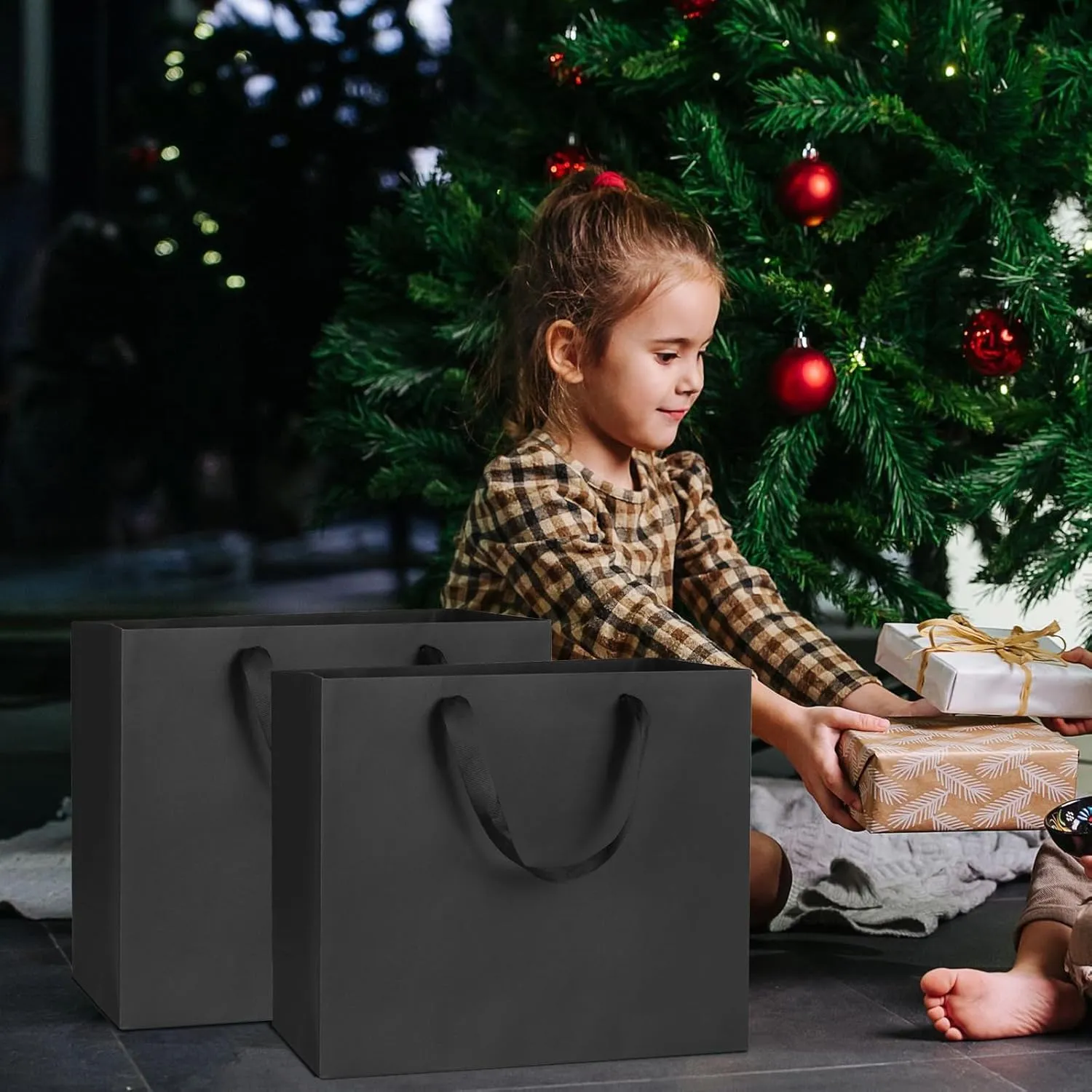 12 pcs Kraft Gift Bags Bulk Extra Large Size 16x6x12 Inches, Black Kraft Paper Shopping Bags with Ribbon Handles, Party Favor Bags, Shopping Bags, Retail Bags, Wedding Bags