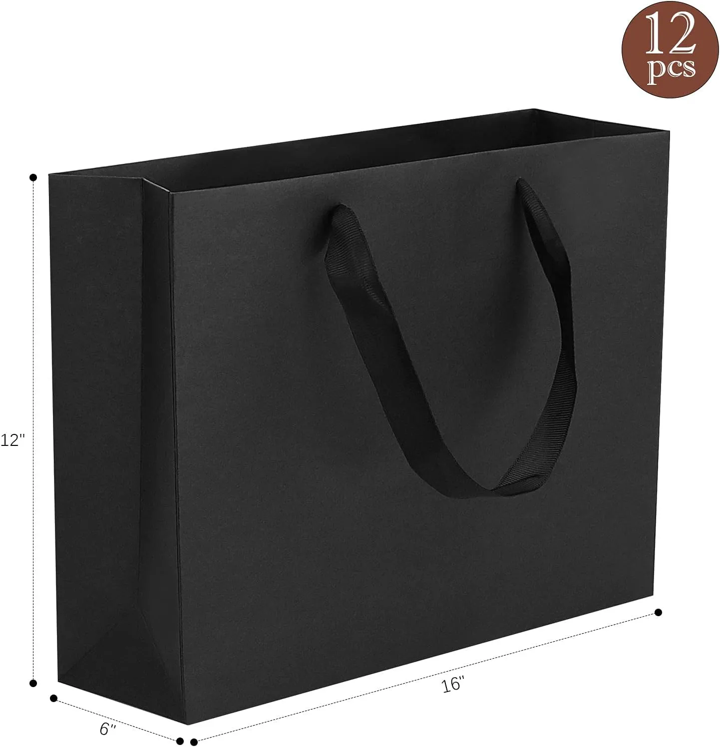 12 pcs Kraft Gift Bags Bulk Extra Large Size 16x6x12 Inches, Black Kraft Paper Shopping Bags with Ribbon Handles, Party Favor Bags, Shopping Bags, Retail Bags, Wedding Bags