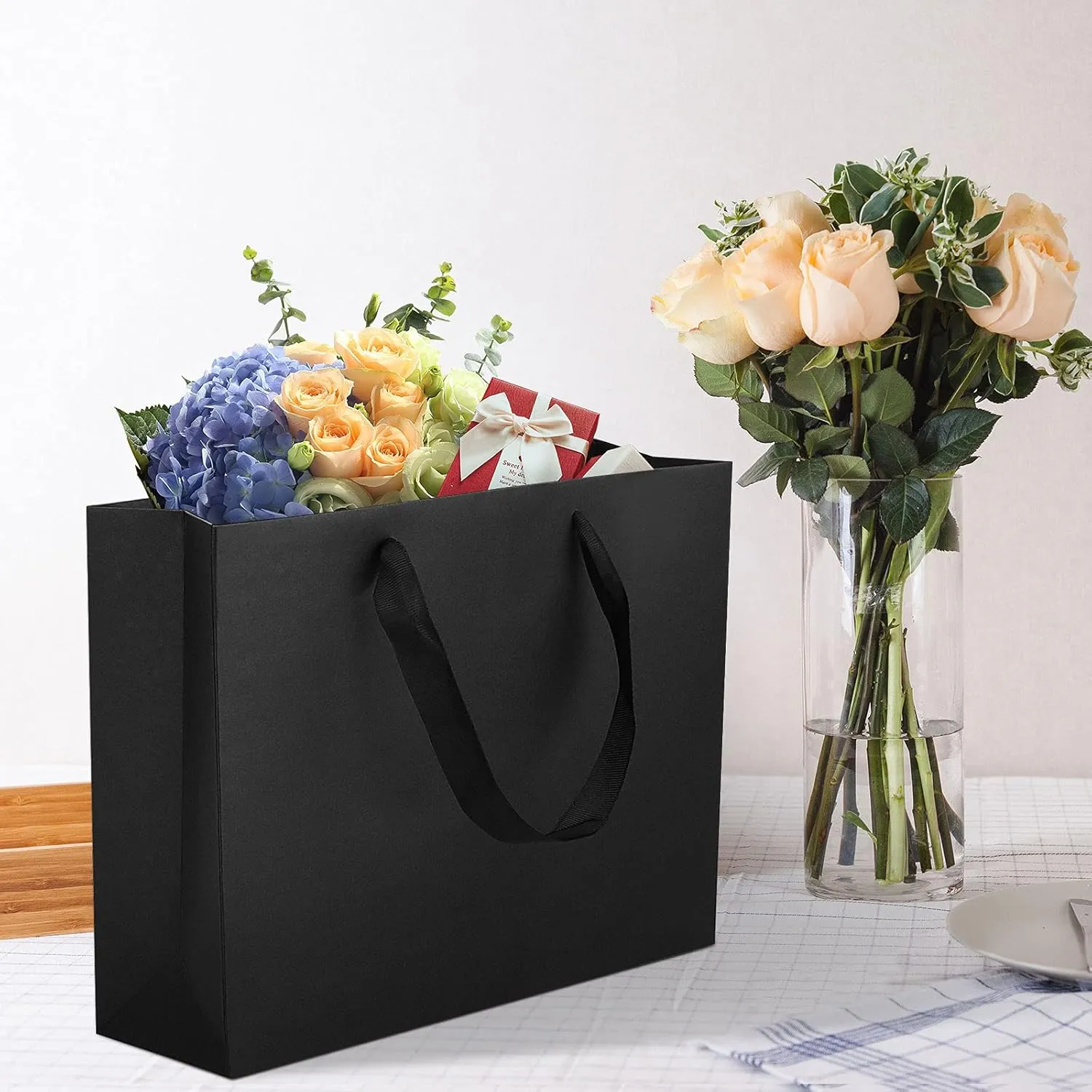 12 pcs Kraft Gift Bags Bulk Extra Large Size 16x6x12 Inches, Black Kraft Paper Shopping Bags with Ribbon Handles, Party Favor Bags, Shopping Bags, Retail Bags, Wedding Bags